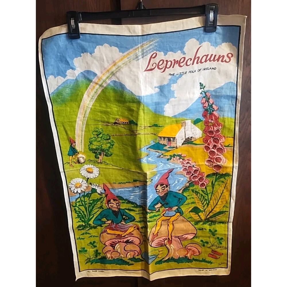 Leprechauns The Little Folk of Ireland Irish Linen Tea Towel Tapestry Pure Linen